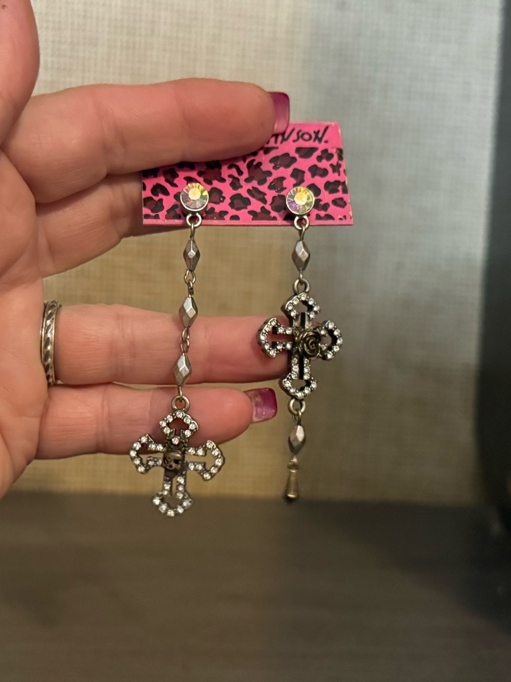 Betsey Johnson Dangling Rhinestone Skull Cross Earrings
